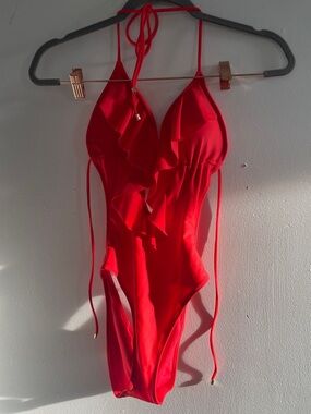 Abercrombie & fitch cut out Red Ruffle Halter One-Piece Swimsuit